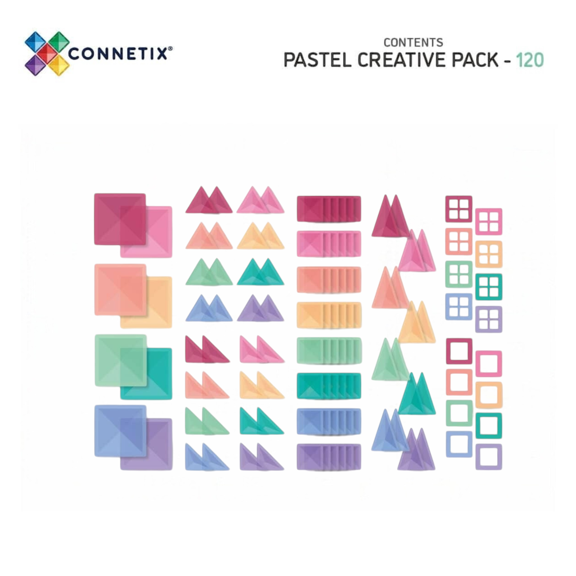 Connetix Pastel Creative Pack 120-osaline magnetklotside komplekt, mis sisaldab erineva kujuga ja suurusega pastelltoonides klotse.